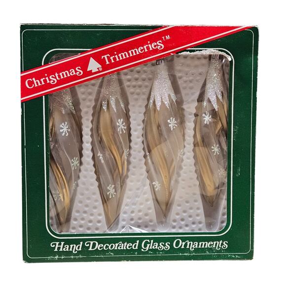 VTG Box Bradford Clear Gold White Glitter Icicle Drop GLASS Christmas Ornaments - Picture 2 of 7